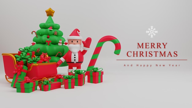 Fundo de conceito de feliz natal de ilustração 3d com papai noel, árvore de natal, caixa de presente, bastão de doces