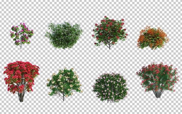 Fundo de corte isolado de arbustos e flores em renderização 3d