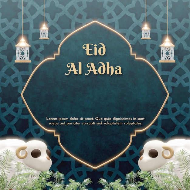 Fundo de decoração islâmica eid al adha realista com ovelhas fofas 3d e lampion