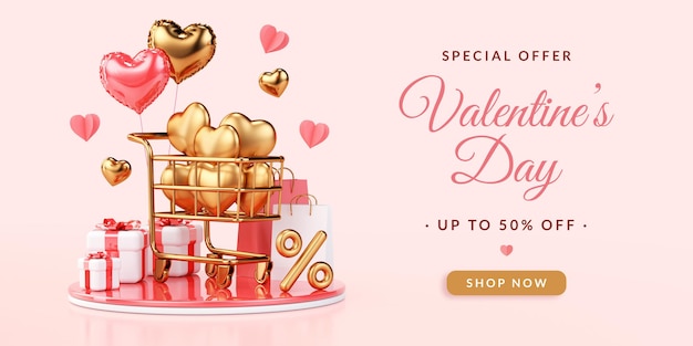 Fundo de folheto comercial do dia dos namorados com corações rosa e dourado, presentes e carrinho em renderização 3d