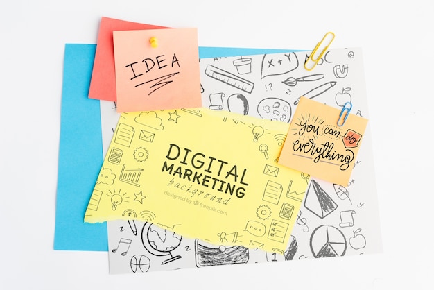 PSD fundo de marketing digital e ideia de conceito no post-it com rabiscos