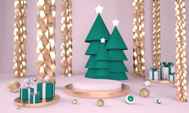 Fundo de natal com árvore de natal e palco para exibição de produtos em renderização 3d