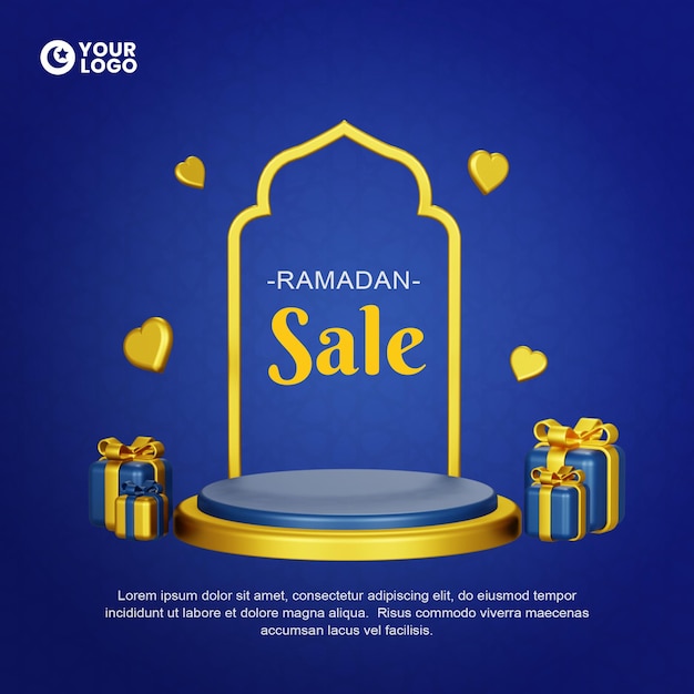 Fundo de promoção de venda do ramadã com presente de pódio islâmico 3d e amor