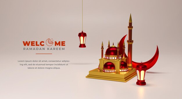 Fundo de saudação do ramadã islâmico com mesquita 3d e ornamentos crescentes islâmicos