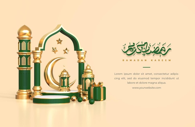 Fundo de saudação do ramadã islâmico com mesquita de pódio redondo 3d e objetos de decoração islâmicos