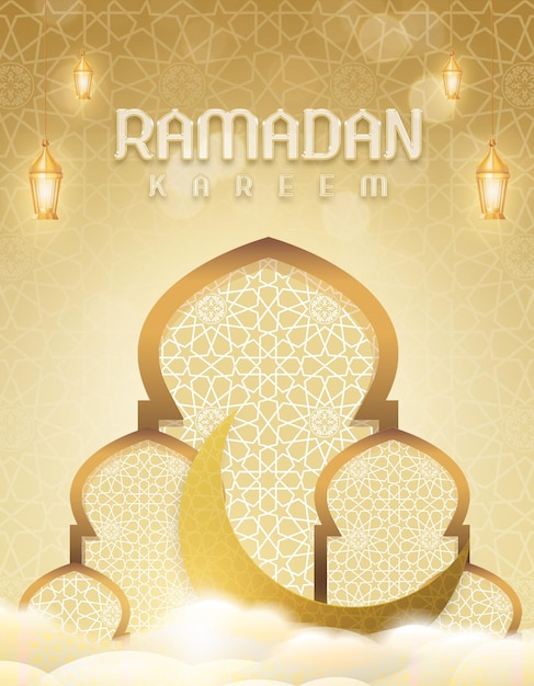 Fundo de saudação islâmica ramadan kareem lua crescente 3d dourada e fundo de lanternas