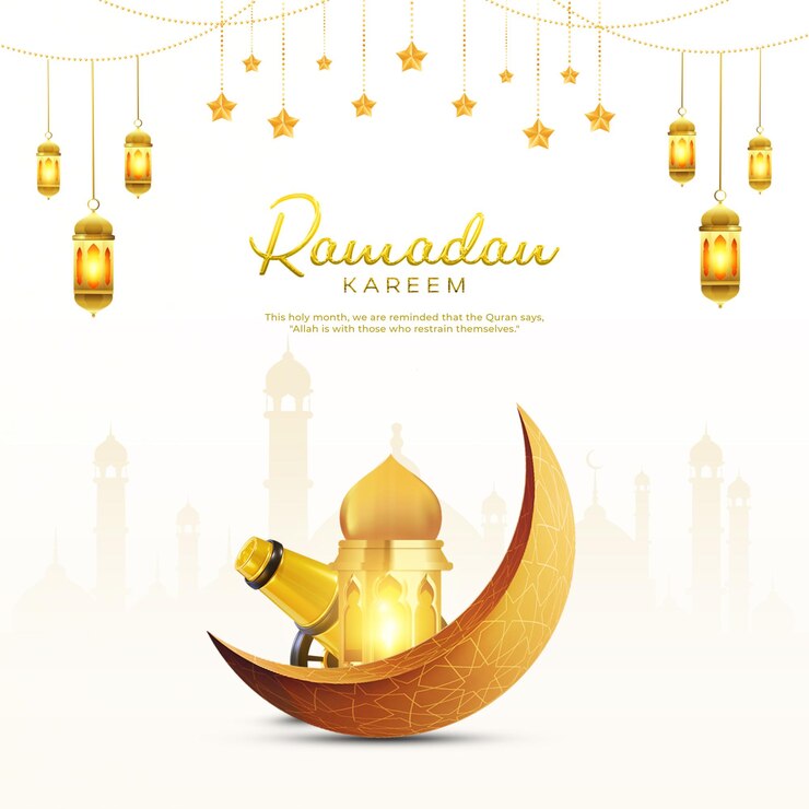 PSD fundo de saudação islâmica ramadan kareem lua crescente 3d dourada e fundo de lanternas