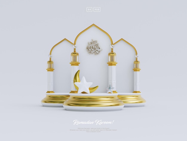 Fundo de saudação islâmico ramadan kareem e eid com ornamentos crescentes de pódio de mesquita bonito