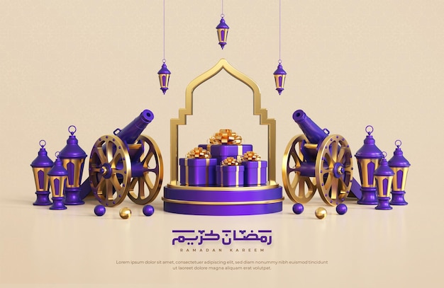 Fundo de saudação ramadan kareem com elementos decorativos festivos islâmicos 3d realistas