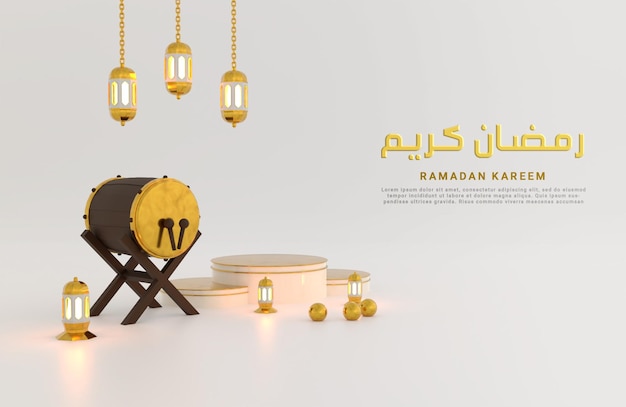 Fundo de saudações do ramadã com lanternas árabes de tambor e pódio sobre 3d realista