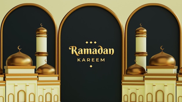 PSD fundo de saudações ramadan kareem com mesquita decorativa no pódio realista 3d islâmico