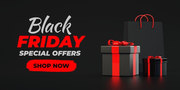 Fundo do banner da black friday com caixas de presente vermelhas em um fundo escuro e espaço de cópia