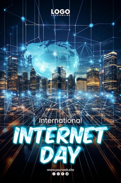 PSD fundo do dia internacional da internet e rede de conexão de dados de rede de tecnologia de cartaz de internet