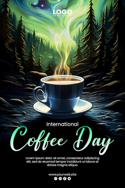 PSD fundo do dia internacional do café e design de cartaz aurora boreal subindo de uma xícara de café