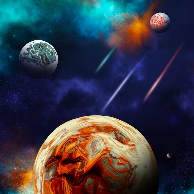 Fundo do espaço 3D com planetas fictícios e nebulosas