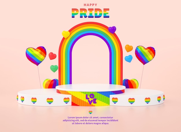 Fundo do estande de produtos do mês do ORGULHO com balões de corações e um arco-íris para a celebração LGBTQIA