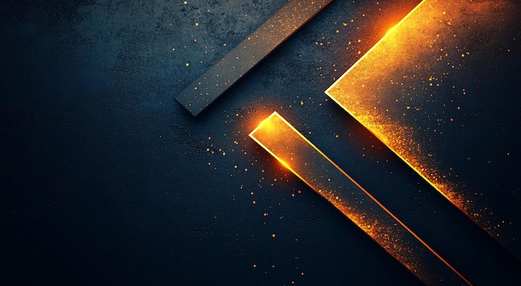 PSD fundo em forma de flecha abstrato com um gradiente dourado e laranja em um fundo azul escuro