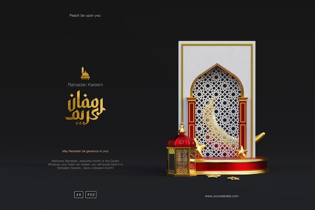 Fundo islâmico de saudação de ramadan kareem com pódio de lanterna de mesquita de ouro 3d e ornamentos crescentes