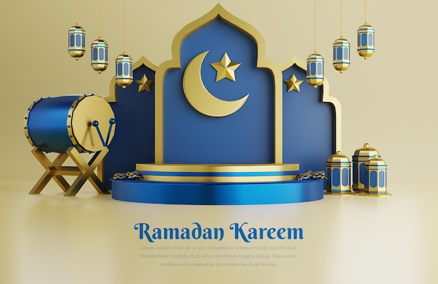 PSD fundo islâmico de saudação do ramadã com lanternas árabes de estrela de tambor tradicional 3d e ornamento de mesquita