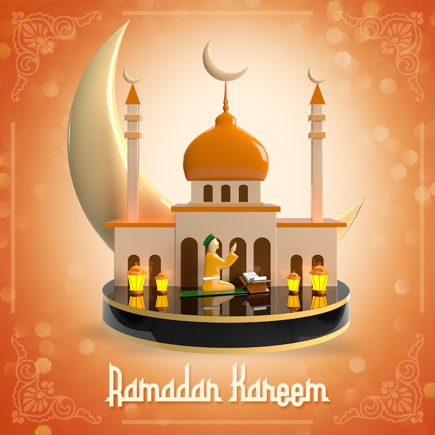 Fundo islâmico PSD Ramadan Kareem com pódio 3D e lua