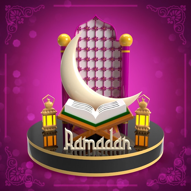 Fundo islâmico PSD Ramadan Kareem com pódio 3D e lua
