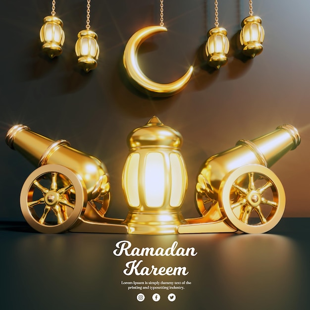 PSD fundo quadrado ramadan kareem com um canhão de ouro de lanterna brilhante 3d e lua