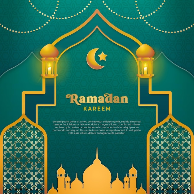 Fundo quadrado ramadan kareem na cor verde e ouro de luxo