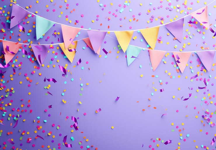 PSD fundo roxo com bandeiras coloridas e confete adequado para eventos festivos ou tema de celebração
