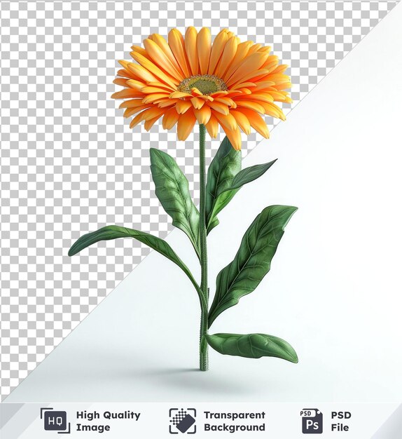PSD fundo transparente com calendula isolada png clipart com uma flor laranja e folhas verdes