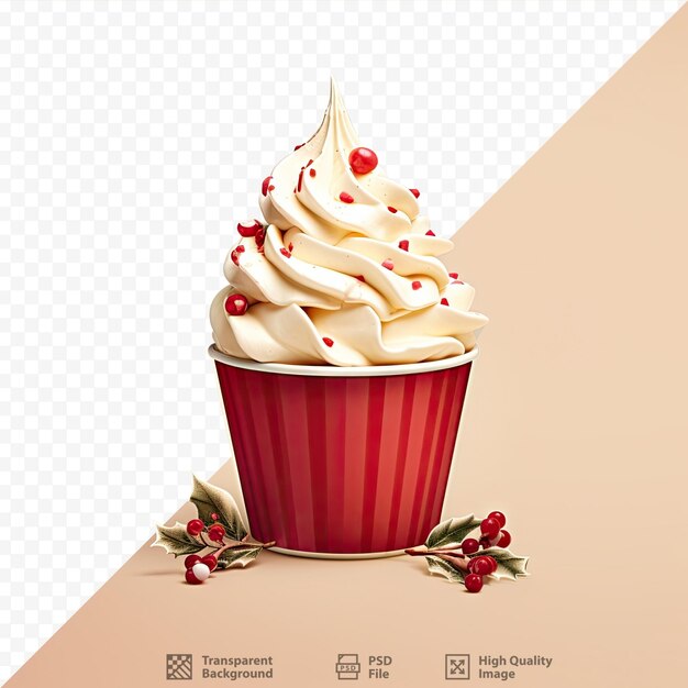 Fundo transparente com copo vermelho coberto com chantilly no cartão de natal