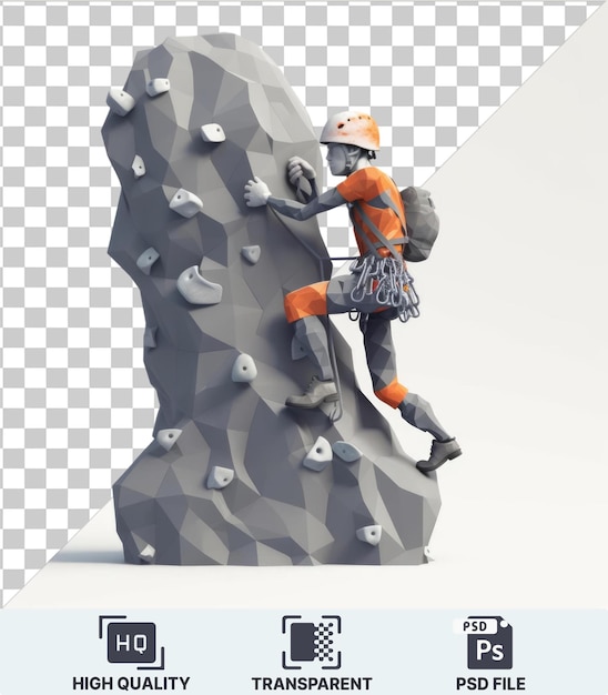 PSD fundo transparente com desenho animado de alpinista 3d isolado escalando um penhasco imponente