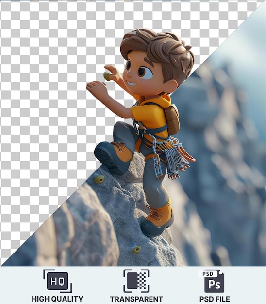 PSD fundo transparente com desenho animado de alpinista 3d isolado subindo uma fachada de penhasco imponente