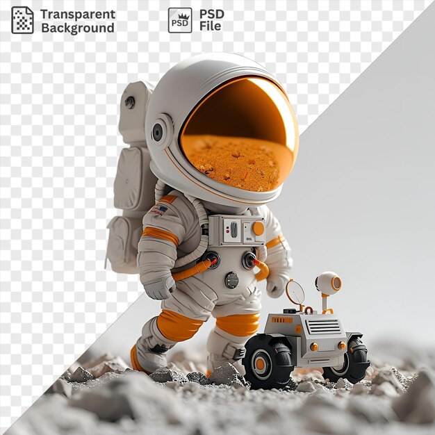 PSD fundo transparente com desenho animado de astronauta 3d isolado explorando a superfície lunar