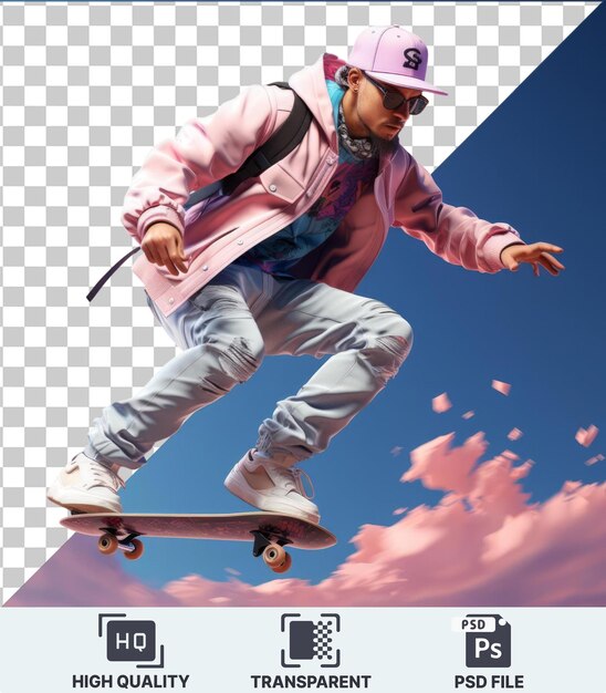 PSD fundo transparente com desenho animado de patinador 3d isolado executando truques que desafiam a gravidade