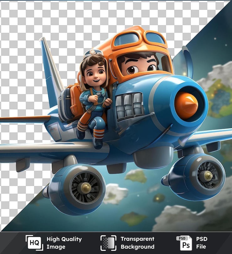 PSD fundo transparente com desenho animado de piloto 3d isolado voando um avião comercial