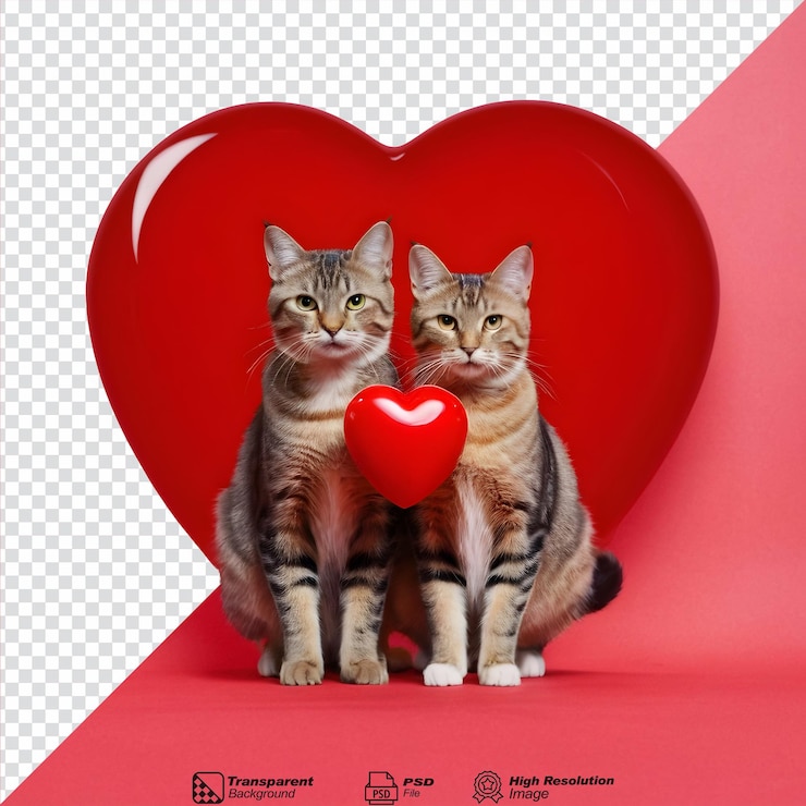 Fundo transparente com dois gatos e um coração vermelho isolado