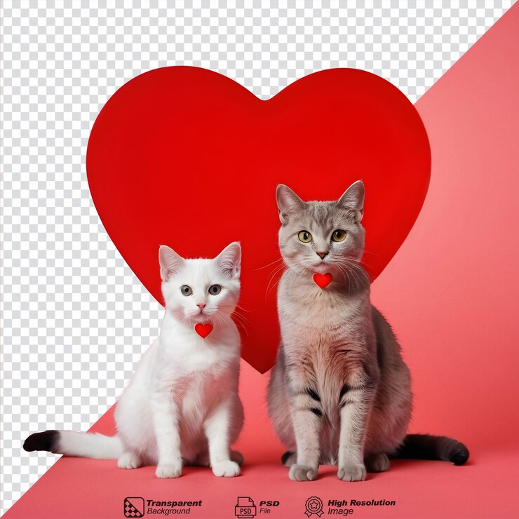 Fundo transparente com dois gatos e um coração vermelho isolado