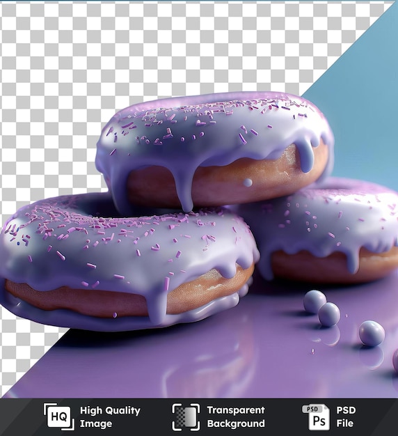PSD fundo transparente com donuts saborosos isolados, incluindo um donut branco, um donut rosa e um donut branca e esmaltada dispostos em uma fila da esquerda para a direita