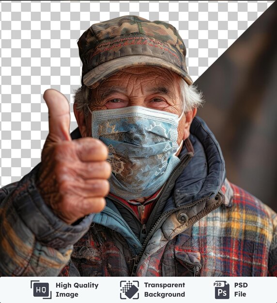 PSD fundo transparente com homem idoso isolado usando máscara de rosto mostrando polegar para cima sinal
