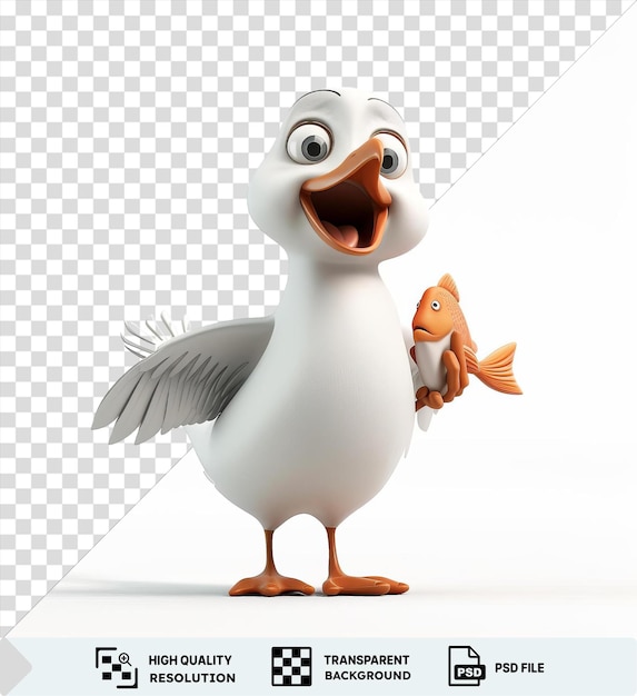 PSD fundo transparente com isolado 3d desenho animado gaivota squawking com um peixe