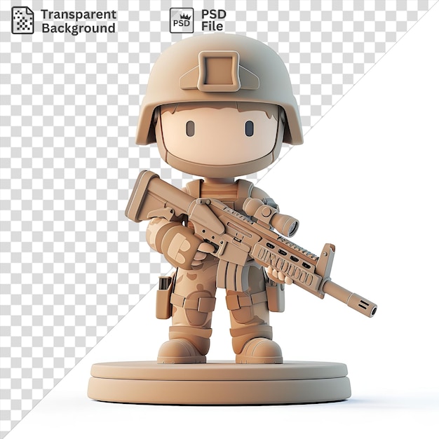 PSD fundo transparente com isolado 3d soldado desenho animado de guarda de pé segurando uma arma grande vestindo um capacete cinza e segurando um brinquedo