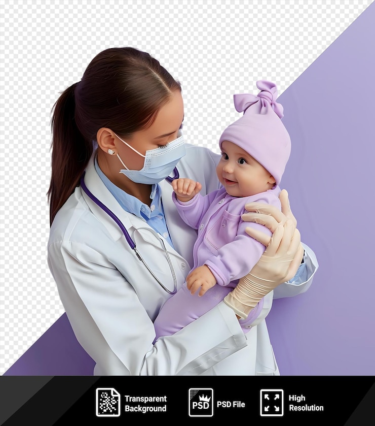 PSD fundo transparente com isolado calmo recém-nascido sendo examinado por uma médica com uma testa