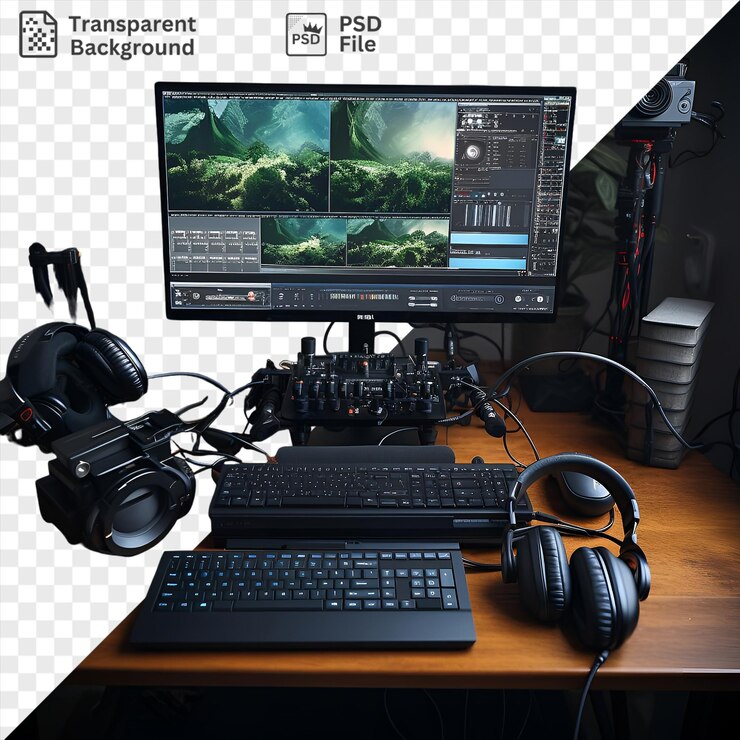 PSD fundo transparente com isolado configuração de streaming de videogame profissional configurado em uma mesa de madeira com fones de ouvido pretos um teclado preto e uma planta verde