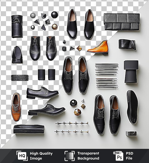 PSD fundo transparente com isolado conjunto de coleção de sapatos de designer com sapatos pretos uma carteira preta e um sapato castanho