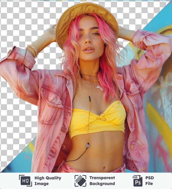 Fundo transparente com isolado corpo inteiro jovem mulher de vinte anos com cabelo rosa tingido brilhante em camisa rosa chapéu fazendo dab dança hip hop mãos mover gesto pessoas estilo de vida fa