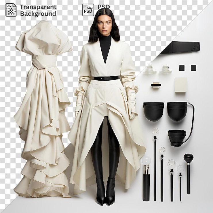 PSD fundo transparente com isolado de luxo de alta moda coleção de pista definido com um vestido branco cinto preto cabelo preto e uma parede preta e branca
