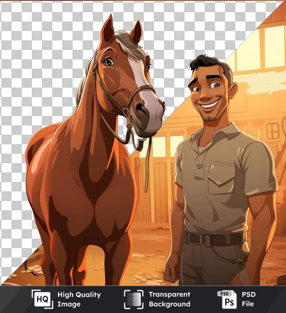 PSD fundo transparente com isolado desenho animado de treinador de cavalos de corrida 3d preparando uma imagem preciosa de pura raça