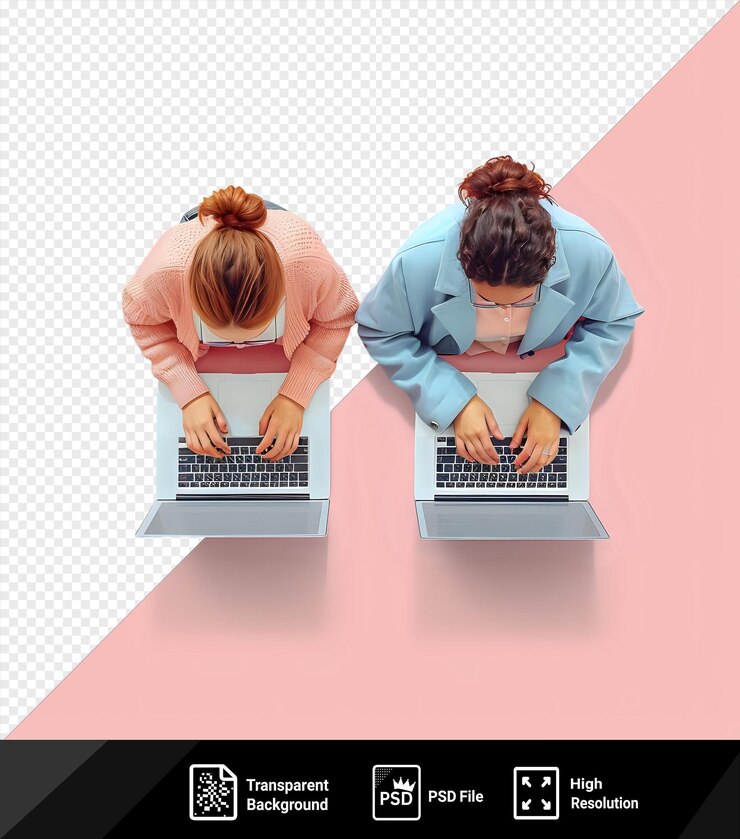 PSD fundo transparente com isolado dois colegas concentrados sérios digitando em seus laptops psd