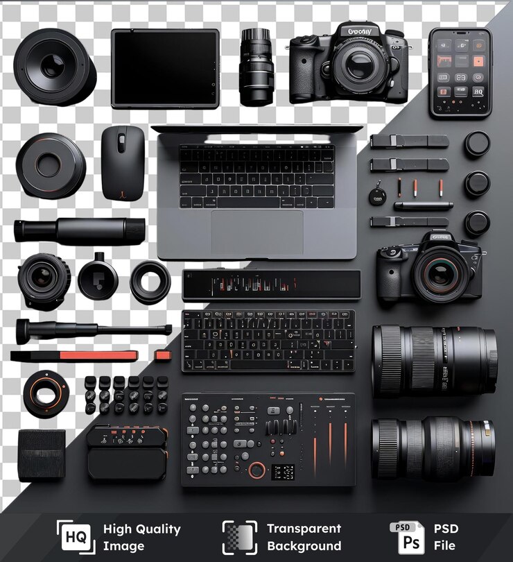 PSD fundo transparente com isolado equipamento de edição de filmes de grau profissional conjunto com câmeras pretas um laptop preto um teclado preto e uma câmera prateada e preta