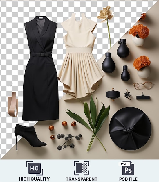 PSD fundo transparente com isolado high end moda ferramentas de design conjunto com um vestido preto vestido branco sapato preto vaso preto folha verde e flor laranja contra uma parede branca